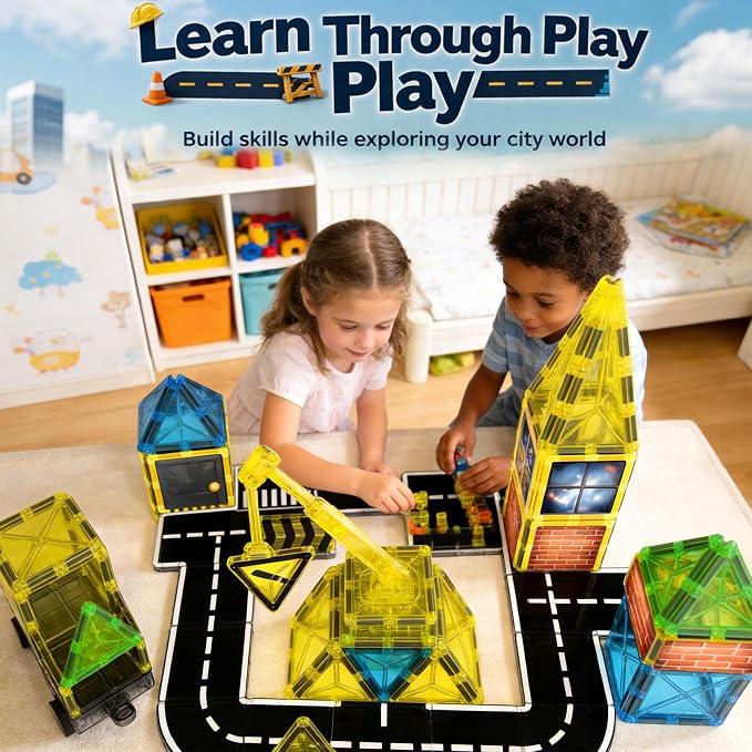 LATI Construction Magnetic Tiles City Set for Kids, Double-Sided Day & Night Building Blocks with Crane, Roads, Traffic Signs & Construction Vehicles, STEM Learning Toy for Boys & Girls Ages 3+