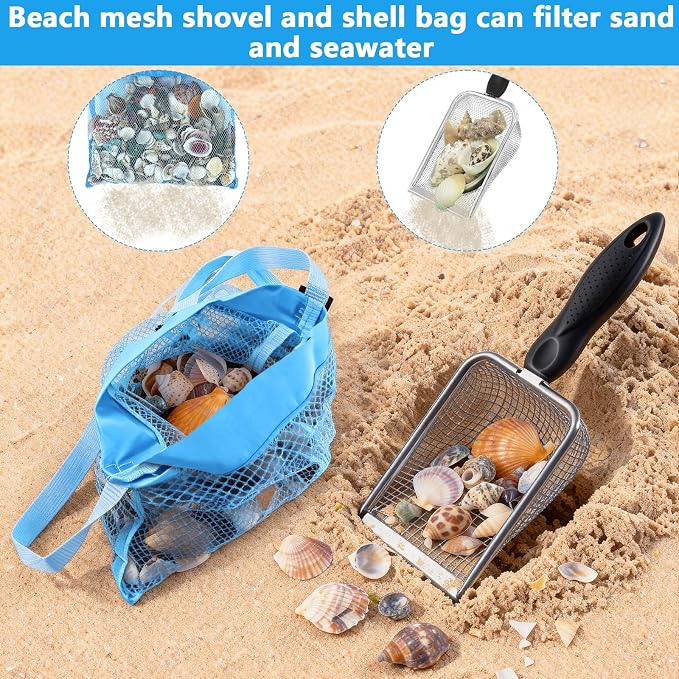 fethwoin 2Pcs Shark Tooth Sifter with 2Pcs Mesh Shell Bags, Beach Sand Sifter, Sea Shell Scooper for Beach, Sand Beach Toys for Kids, Medium, Blue