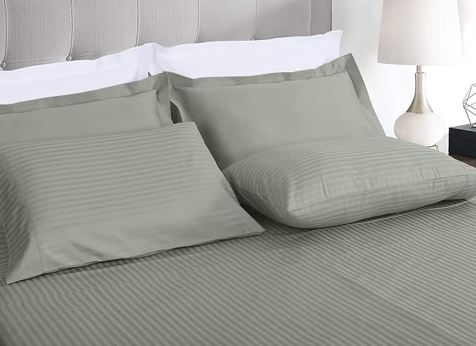 Threadmill 100% Cotton Sheets for Queen Size Bed - 600 Thread Count Queen Bed Sheets Set with 16” Deep Pocket - Damask Stripe Sateen Weave 4-Piece Bedding Set with Cooling Effect, Moonrock Grey