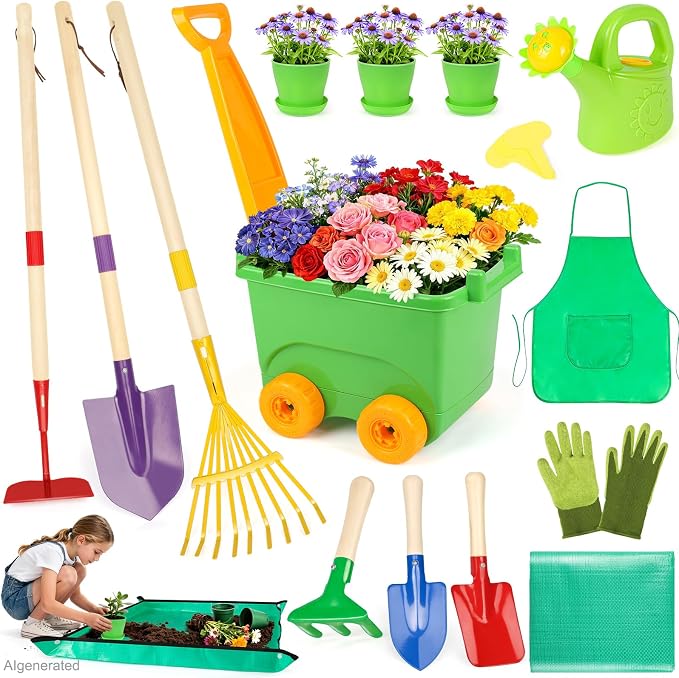 FHOZGECY Kids Gardening Set with Wheelbarrow, Metal Gardening Tools with Apron, Gloves, Watering Can, Repotting Mat, Flower Pots, Outdoor Backyard Play Learning Toys for Boys Girls Ages 3-8