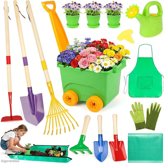 FHOZGECY Kids Gardening Set with Wheelbarrow, Metal Gardening Tools with Apron, Gloves, Watering Can, Repotting Mat, Flower Pots, Outdoor Backyard Play Learning Toys for Boys Girls Ages 3-8