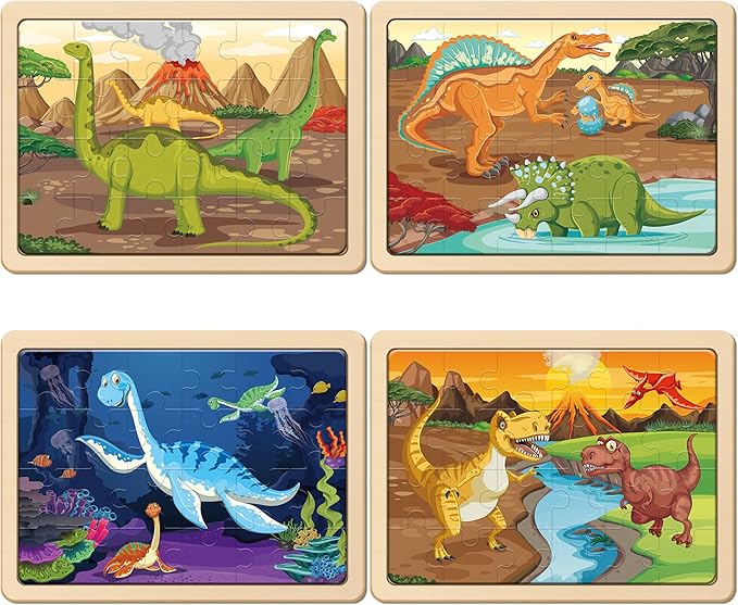 SYNARRY Large Dinosaur Wooden Puzzles for Kids 4 in 1 Gift Box(12.2 * 9.4 in), Jigsaw Puzzles for Kids Ages 4-6, Wood Puzzles for Kids Ages 3-5, Dinosaur Toys Gifts for 3 4 5 Year Old Boys Girls