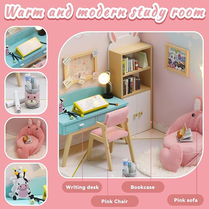 Kisoy Dollhouse Miniature with Furniture Kit, DIY 3D Wooden DIY House Kit A Corner of a Small Apartment Style with Dust Cover & LED,Handmade Tiny House Toys for Kids Adults Gift (Study Room)