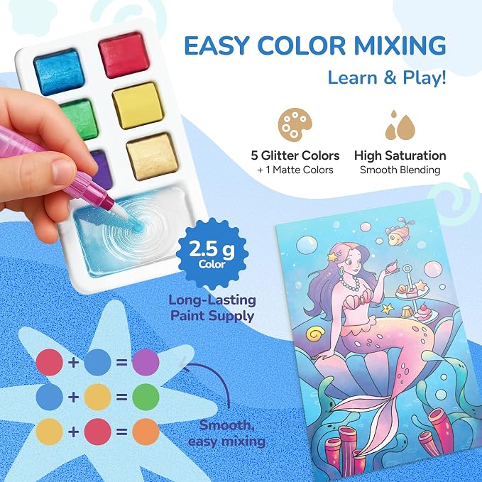 JoyCat Pocket Paint with Water Coloring Books for Kids, Art & Craft Activity Toy Set, Creative Travel & Home Painting Kit, Gifts for Girls & Boys Ages 3-8 (Ocean Princess)