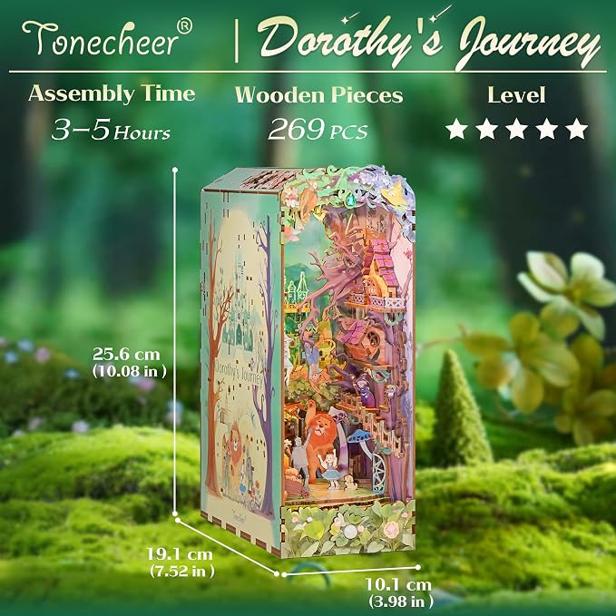 Tonecheer DIY Book Nook Kit, Dorothy's Journey 3D Puzzle Wooden Fairy Tales Miniature House Kit for Adults, Booknook Set Dollhouse Bookshelf Decor Bookend with Dust Cover and LEDs Ideal Gifts