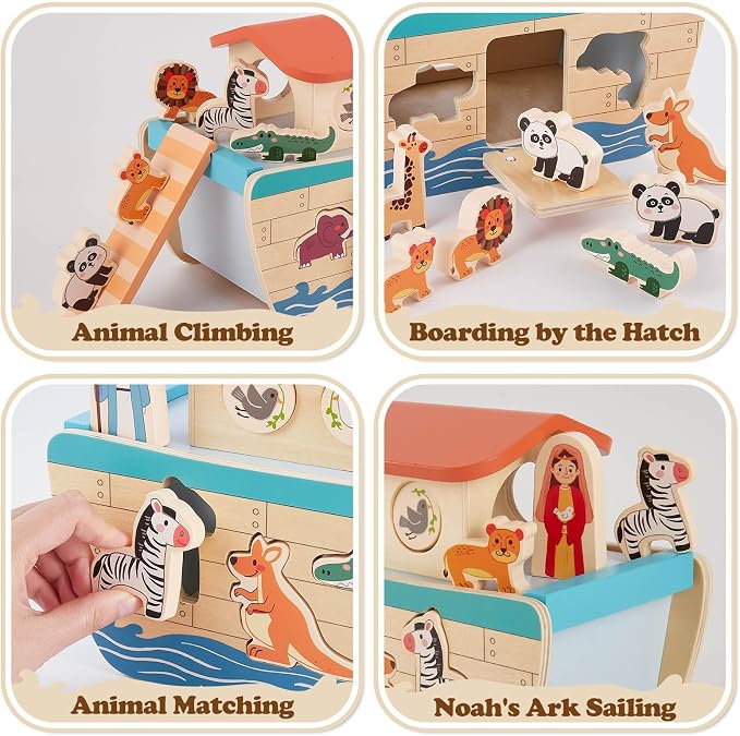 HERSITY Wooden Noah's Ark Toy for Montessori Learning 1 Year Old Baby Boy and Girl, Baptism Gift Wooden Animal Shape Sorter First Birthday Presents for Toddlers 1-3