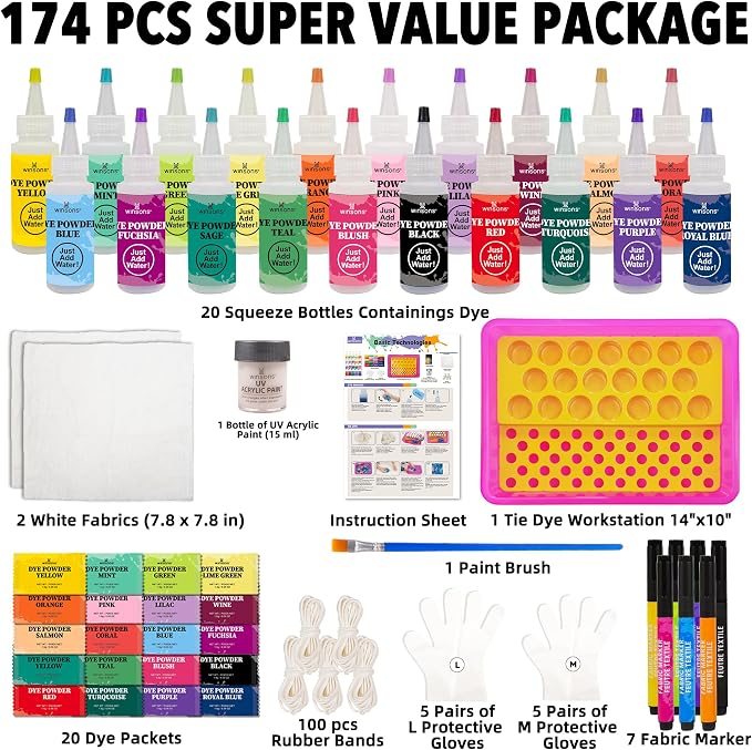 20 Colors Tie Dye Kit, 174 PCS Tie Dye Set Including 20 Pre-Filled Tye Dye Bottles, 1 Tie Dye Workstation, 7 Set Fabric Markers, Non Toxic Permanent Fabric Dye Art Set- Perfect for Family & Party Fun