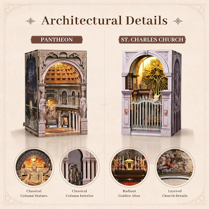 2 PCS DIY Wooden Dollhouse Kit, Architecture Miniature with LED Light Dust Cover, Easy Assembly Creative Craft for Adults Bookshelf Decor (St. Charles Church & Pantheon)