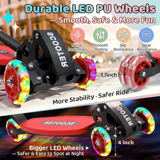 Kick Scooters for Kids 5-7 8-12,Lean to Steer,Three Wheeled Light Up,28"-32" Adjustable Handlebar,Widen Anti-Slip Deck,Floor Push Scooter for Boys Girls Ages 6-12 3-4 Old,Foldable for Travel