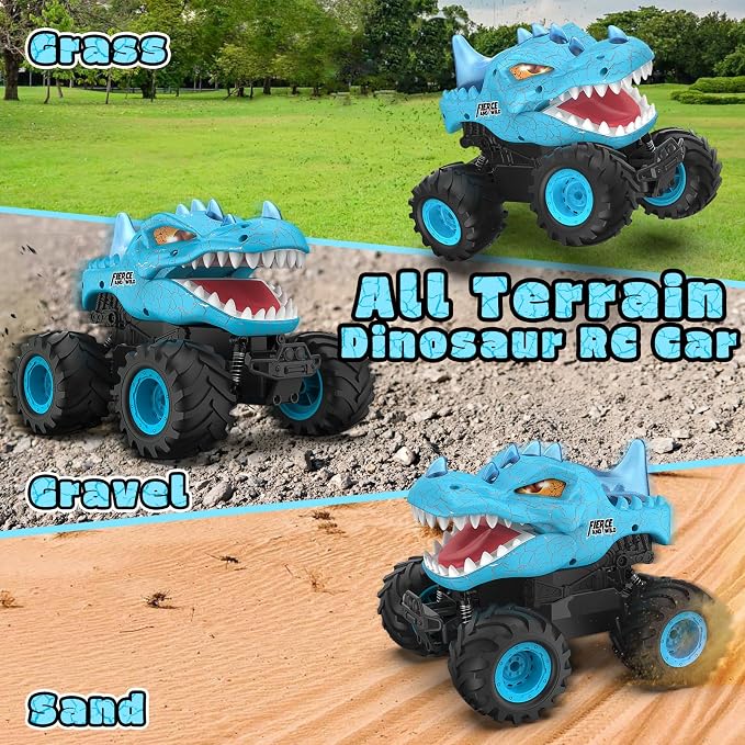 Dinosaur Remote Control Car, 2.4GHz Monster Truck Toys Rechargeable RC Cars 1:24 Scale RC Truck with LED Light Movable Mouth, Dinosaur Cars Toys for Kids Boys 6-8 8-12 Birthday Gift, Blue