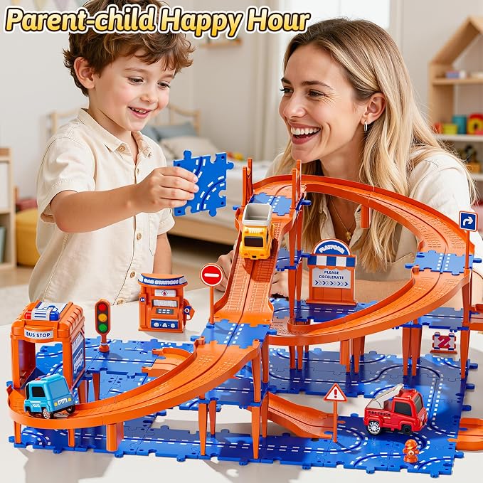 Puzzles Track Race Cars Toys for Kids Age 3-8 5-7, 4-Tier Race Track with 3 Cars, Toddler Educational Floor Puzzle Car Games Toys for Boys and Girls Toddlers, 3 4 5 6 7 8 Years Birthday Gift
