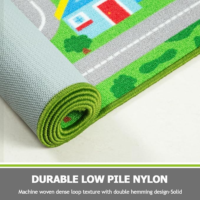 Capslpad Green Car Road Kid Rug Carpet Playmat for Playoom Traffic Road Kids Play Mat for Toddler Non Slip Washable City Map Race Track Carpet Rug for Kids Room Bedroom Nursery Room Decor,5'x2.7'
