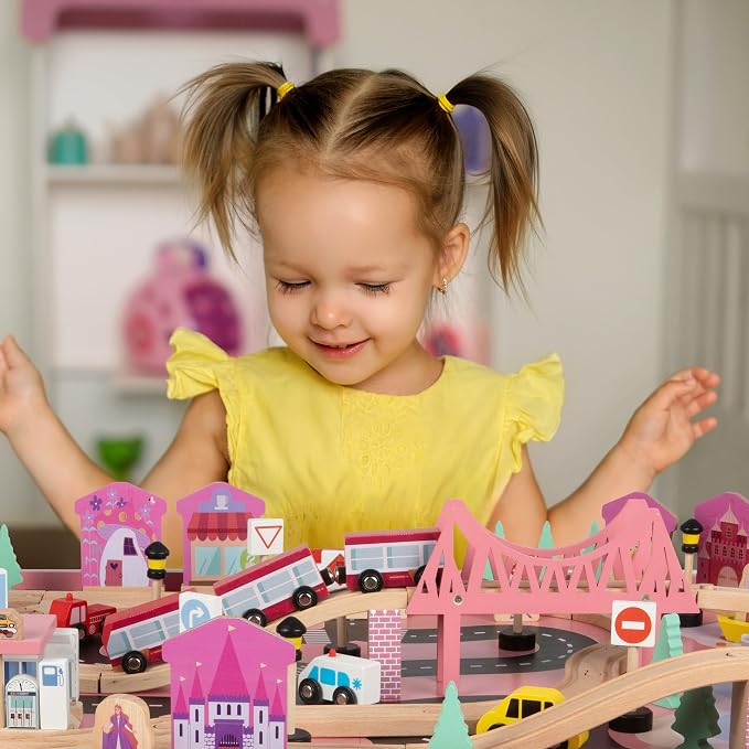 Wooden Train Set with Train Table - 75PC Play Set with Tracks, Vehicles, Buildings, Illustrated Play Surface, and Activity Table by Hey Play (Pink)