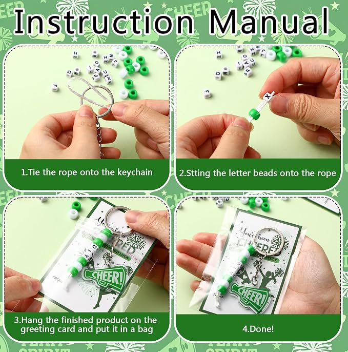 Suncalla 996 Pcs 24 Set Cheer Keychain Making Kit DIY Key Chain Crafts Cheerleader Gifts Cheerleading Bag Charms Adjustable Letter Beads Cards Strings Green Kit for Backpack Team Gift Sport Accessory