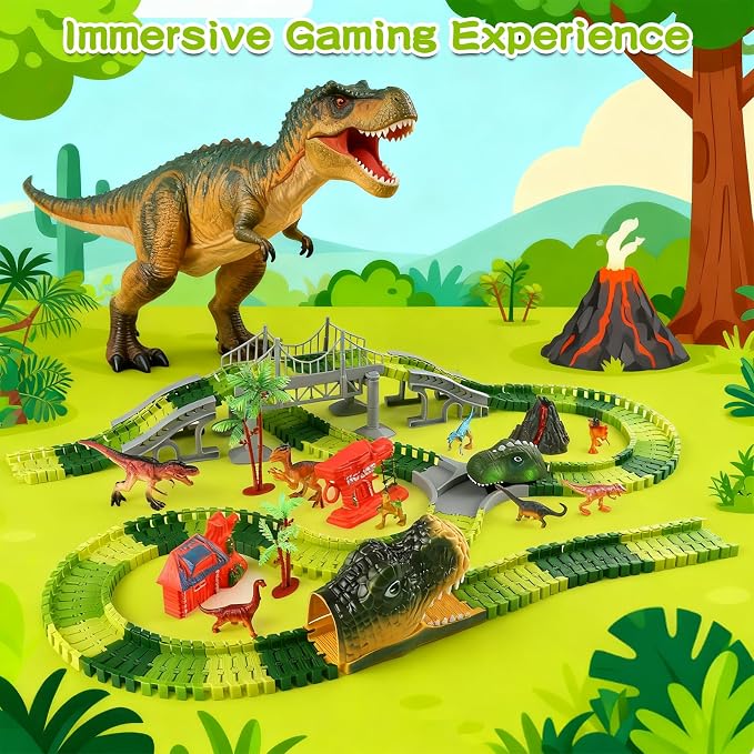Dinosaur Toys Race Track for Boys 3-5 5-8 Year Old, Flexible Train Tracks Set with LED Light Up Dino Car, Dinosaur World Adventure Toys, STEM Birthday Gifts for Toddlers Kids Age 3 4 5 6 7