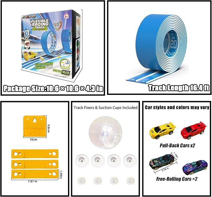 16.4Ft Flexible Race Track for Kids Ages 3+, Patterned Dual-Lane Roll Up Race Track Set with 4 Toy Cars & Suction Cups, Compatible with 1/64 Diecast Cars, Portable DIY Racing Toy(Daytona Blue)