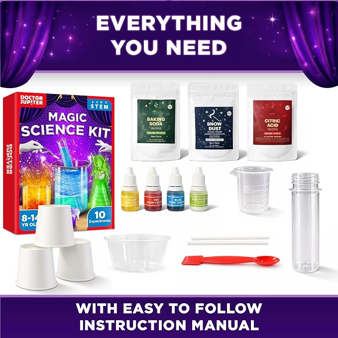 Doctor Jupiter Magic Science Kit, Chemistry Set for Kids Ages 8-10-12-14 | Birthday Gift Ideas for 8+ Boys and Girls | Toy STEM Kit with 10 Science Experiments, Magic Tricks