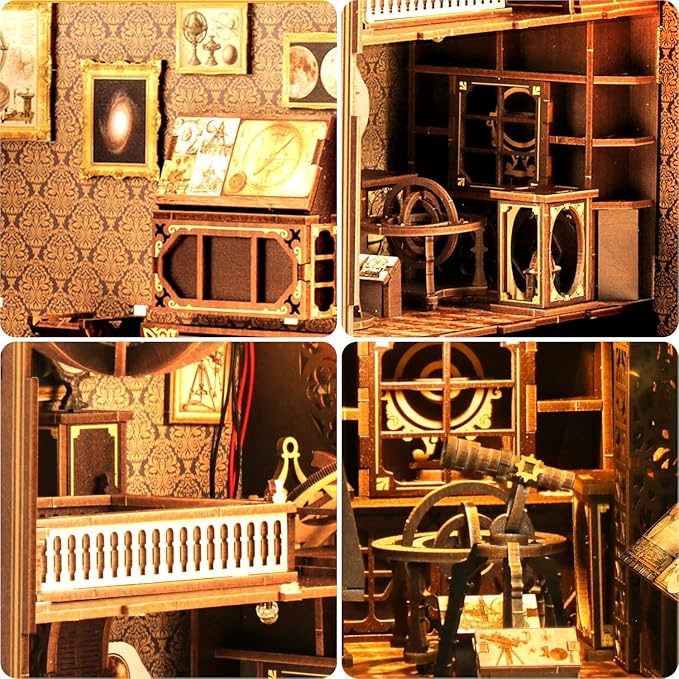 Book Nook Kit for Adult - Miniature Model Build Dollhouse Kit 3D Wooden Puzzle with Sensor Led Light for Bookshelf Bookend Insert Decor Adults Teen Crafts(Astronomy Museum)