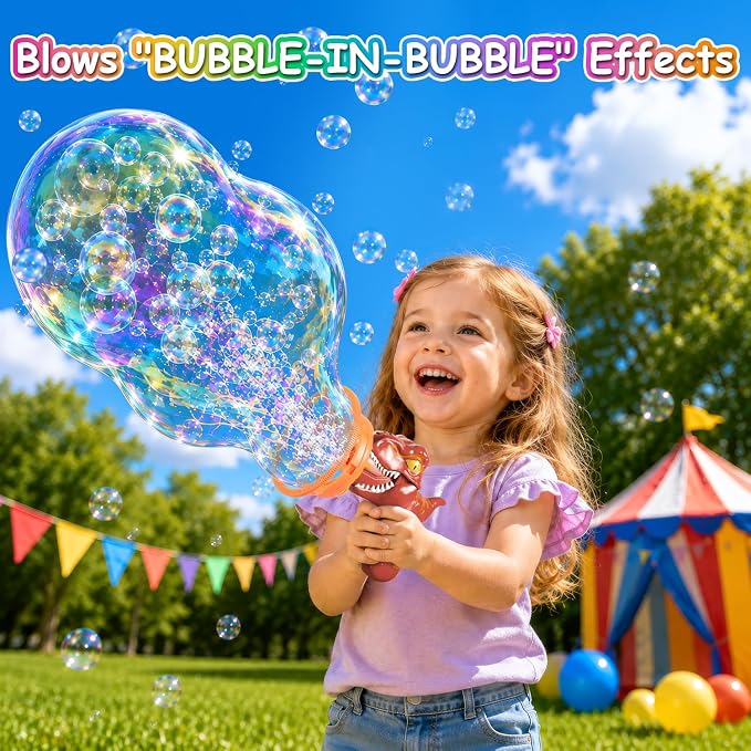 Dinosaur Shaped Bubble Gun for Kids - Blows Over 1000 Bubbles per Minute & Creates Giant Bubbles, Birthday, Christmas & Easter Gift for Boys & Girls Ages 3-9 (Red)