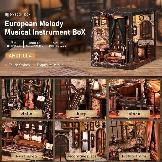 DIY Miniature House Kit, Book Nook Kit, A Scene on Every Side, 3D Wooden Puzzles Bookshelf Craft Kits, Dollhouse Kit with LED Light, Mini Building Kit for Adults Teen (European Melody Instrument Box)