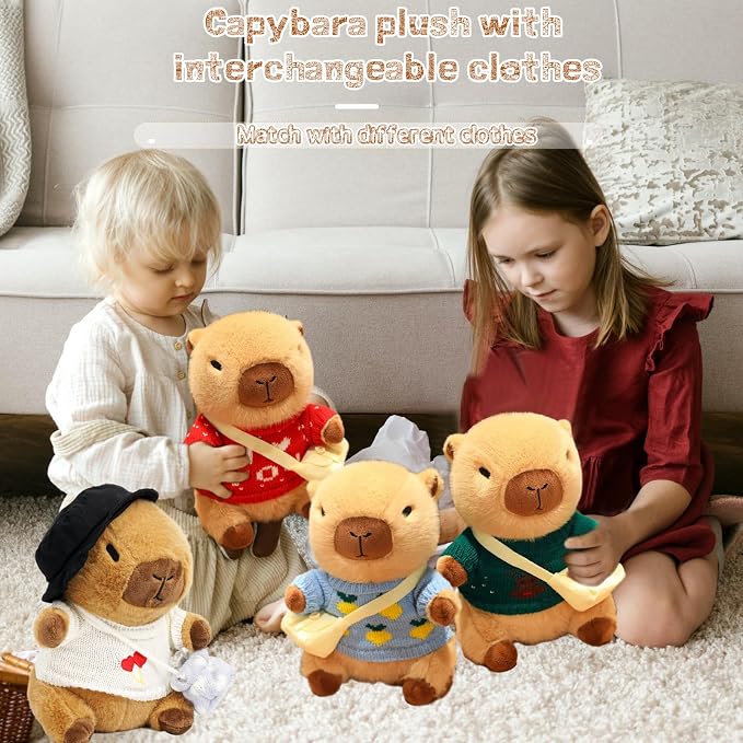 10 Pcs Capybara Plush Toy Set | Cute Capybara Stuffed Animal, 9 Clothes and Accessories, Dress Up Soft Plush Doll, Ideal Gift for Kids