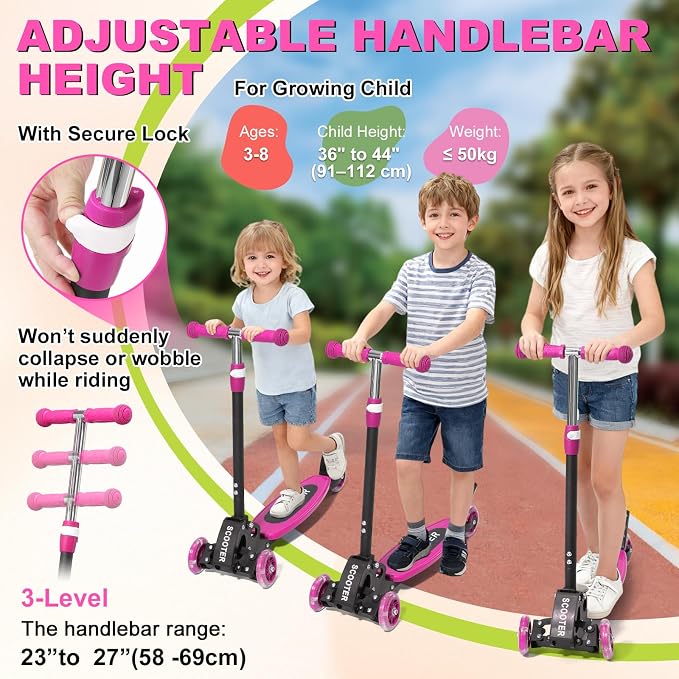 Scooter for Kids 3-5 5-7,Light up 3 Wheels Kick Scooter,Heavy Duty Folding Lean-to-Steer Scooters with 3 Adjustable Handlebar for Boys Girls,Widen Anti-Slip Deck,Rear Break,Holds up to 150Lbs