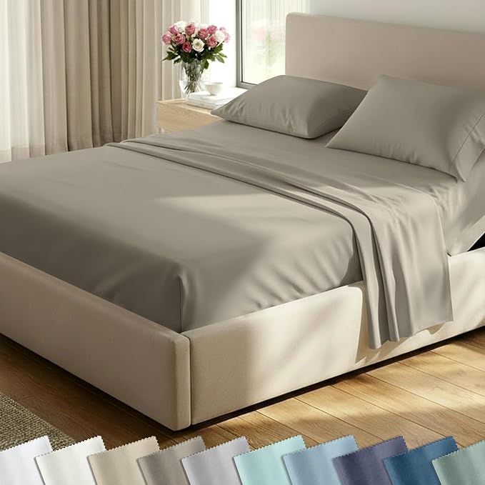 California Design Den Soft 100% Cotton Bed Sheets Split King Set, 400 TC Good Housekeeping Award Winner, Silky Smooth Sateen with Deep Pockets, Breathable and Durable Split King Bedding Set - Taupe