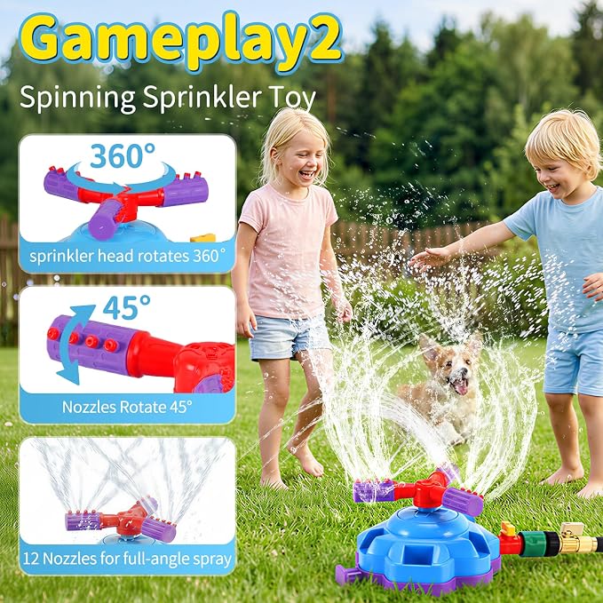 4-in-1 Sprinkler Toys for Kids Ages 4-8, Water Baseball, Rotating Water Spray, and Rocket Launcher for Toddlers, Backyard, Garden, Lawn, and Pool Outdoor Play in Summer for Boys and Girls Ages 3-5.