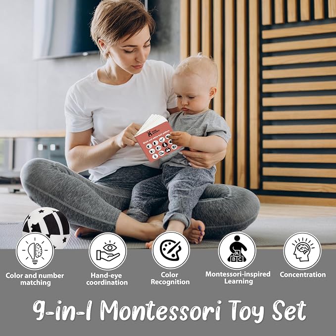 Pine Bunny Montessori 9-in-1 Newborn Sensory Toy Set for 0+ Months Plush Bed Wrap Vision Ball, Black & White Cards Mirror Bed Surround Elephant Teether Educational Learning Tummy Time Development Toys