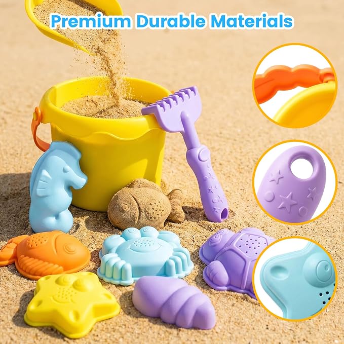 3 Otters Beach Toys Set, Baby Beach Buckets and Shovels RakesTool Kit Sand Bucket Boys and Girls Sand Toys Set 9PCS