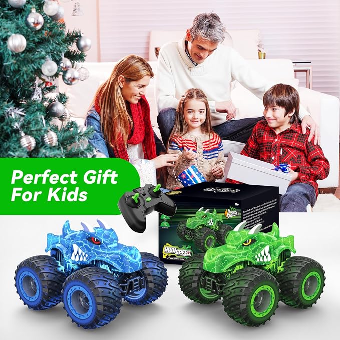 AUUGUU Remote Control Car, 2.4GHz Monster Trucks Toys with Light Spray, Birthday Gift for Kids 3 4 5 6 7 8, All Terrain RC Cars, Toddler Toys for Boys Girls 3+ Year Old (Dinosaur-Green)