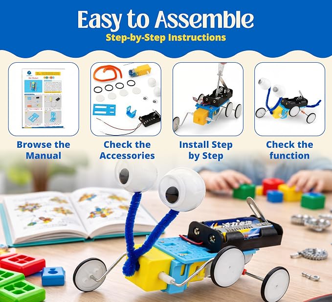 5 Robotic Kits in 1 STEM Building Set with 32 Magnetic Blocks, Build 6 Real Moving Robots, Engineering Construction Toy for Kids Ages 6-12, Educational STEM Gift for Boys & Girls