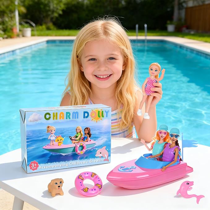 dollbie Fashion Dolls and Boat Playset - 11.5 Inch Dolls with Swimwear, Life Vests, Accessories, 5.5 Inch Doll, Pet Puppy and Dolphin Toy - Summer Beach Adventure Gift Set for Girls