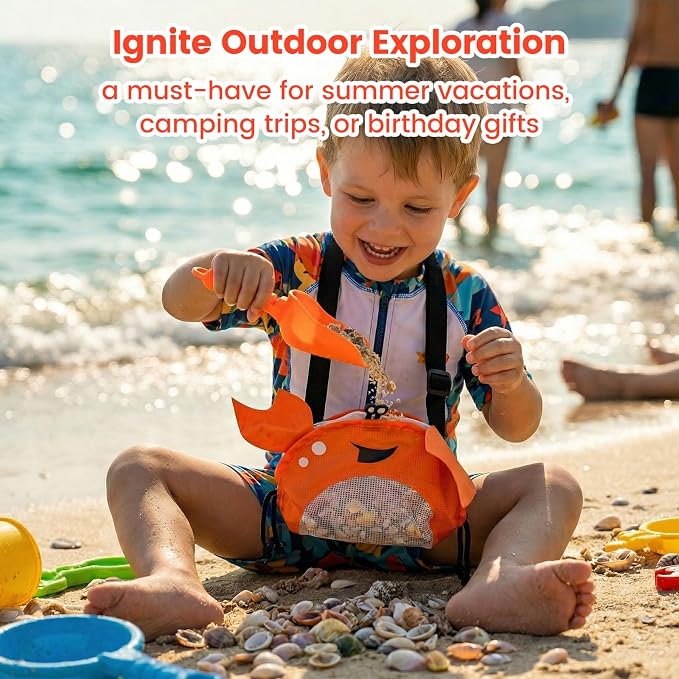 AMOR PRESENT Mesh Beach Bag for Kids, Shell Collecting Bag with Shovel Adjustable Strap for Holding Shell Sea Pool Sand Toy, Orange