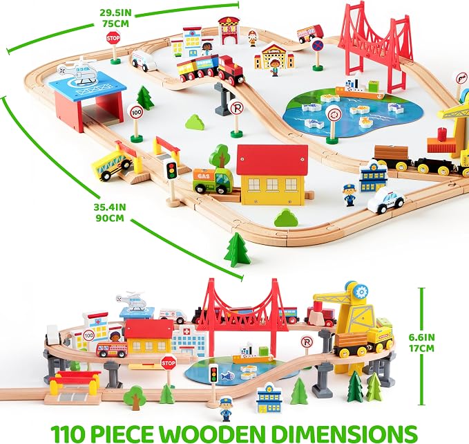 110PCS Wooden Train Set - Toy Magnetic Trains with Wooden Track Set for Kids Ages 3-8, City Scene Railway Set, Perfect Easter Birthday Gift for Grandkids Toddlers Boys Girls