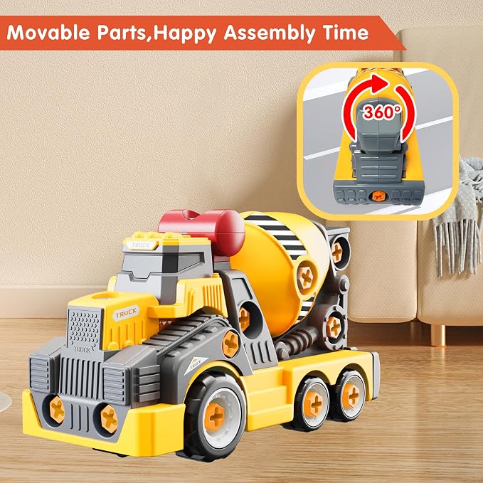 11inches Large Take Apart Cement Mixer Trucks Construction Toys for Boys Girls Kids 3-5 6-8 Year Old Electric Drill Set Assembly Building Toys