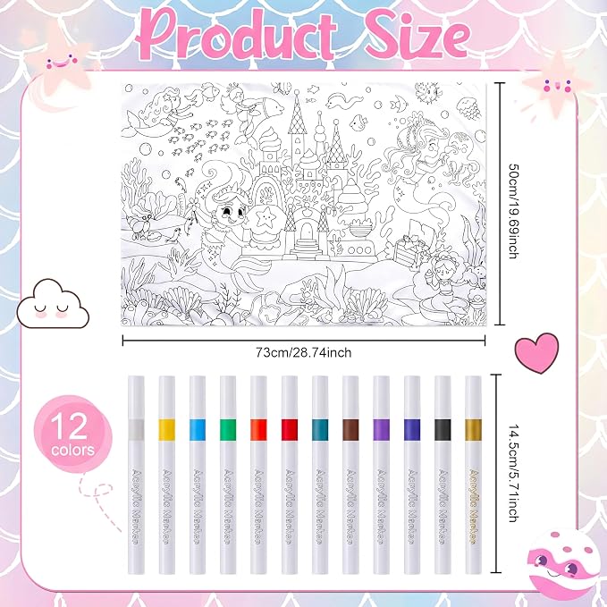 Mindsoft Coloring Craft Coloring Pillowcase Mermaid Pillowcase with 12 Pcs Markers Pens for Decoration Supplies Craft, 28.7 x 19.7 Inch