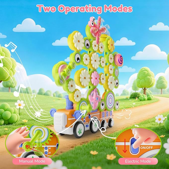 Gears Building Toys for Kids Ages 3+, STEM Construction Set for Toddlers, Train and Flower Models with Electric & Manual Modes, Lights and Music, DIY Educational Learning Toys Gift for Boys and Girls