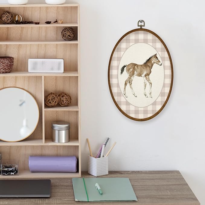 WULQYING Vintage Baby Horse Nursery Wall Art Decor, Kids Playroom Oval Framed Canvas Art Prints, Neutral Gingham Foal Horse Animal Wall Hanging Decor for Kids Toddler Room Bedroom, 8.6x11.4 Inches