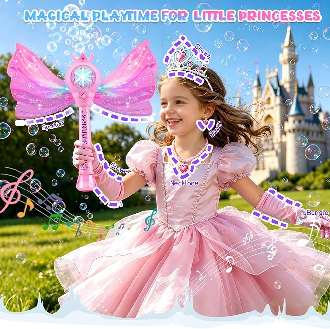Gretex Bubble Wands for Kids Ages 3-5 Years Old: Girls Dress Up Toys Set Princess Light Up Bubble Wand, Musical Automatic Bubble Blower, Birthday Party Gift for Toddler Girls 3-8 Years Old
