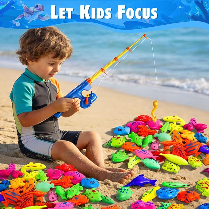 CozyBomB™ Magnetic Fishing Toys Game Set for Kids | Water Table Bathtub Kiddie Pool Party Pole Rod Net, Outdoor Plastic Floating Fish, Toddler Bath Color Ocean Sea Animals Birthday Gift Age 3-5 6 4-8