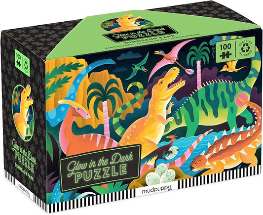 Mudpuppy Dinosaur Park – 100 Piece Glow in The Dark Jigsaw Puzzle with a Prehistoric Scene of Dinosaurs and Hidden Fossil Details in the Dark