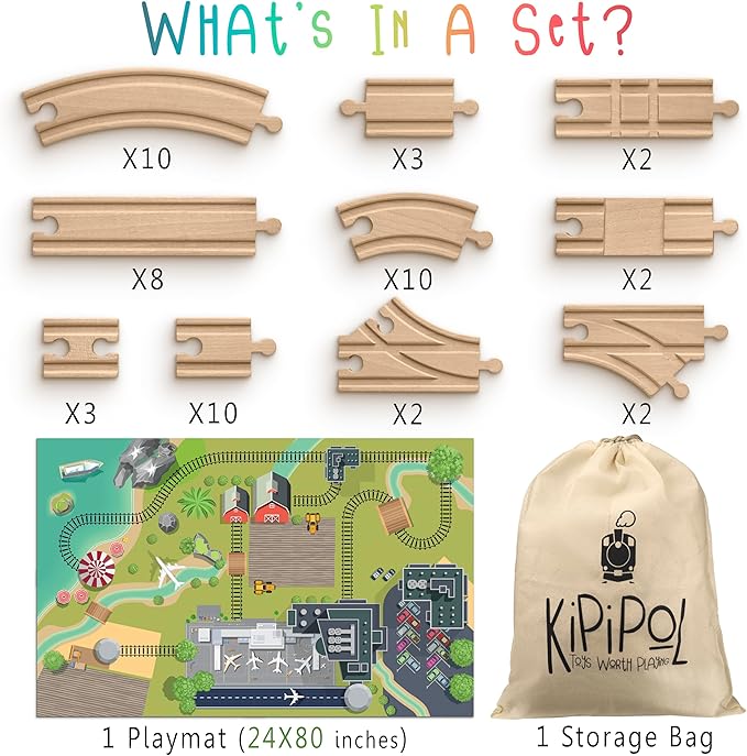 KipiPol Wooden Train Tracks Set - 52 pcs+Bonus Railroad Map –Compatible W All Major Wooden Railway Toy Brands Including: Thomas The Train Track Set, Brio Train, Melissa and Doug Train Set for Kids 3+