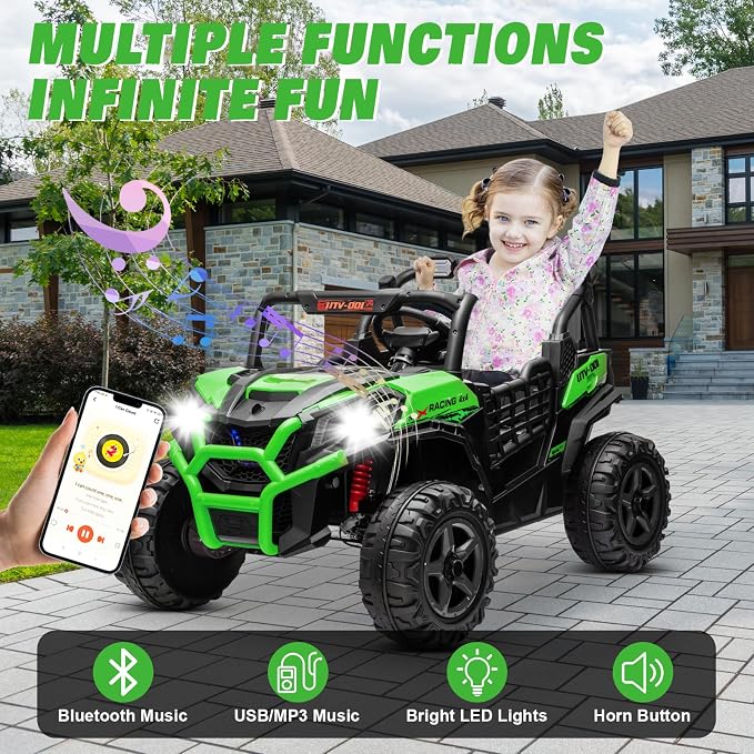 24V 2 Seater Ride on Car for Kids, MOEYURO 800W Powered UTV Toy, 5MPH Large Side by Side Electric Car w/Remote, Bluetooth, LED Light, 3 Speeds, Music, Spring Suspension, Storage for 3-8 Gift, Green