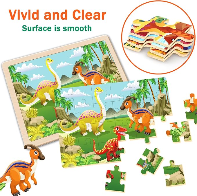 Puzzles for Kids Ages 4-6,24 Pieces Wooden Puzzles for Toddlers Ages 3-5 4-8 3 4 5 6 3-4 Year Olds.4 Pack Dinosaur Puzzle Set Children Jigsaw Puzzles for Boys and Girls Educational Learning Toys