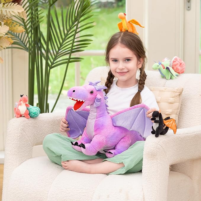 Muiteiur 7 Piece Dragon Stuffed Animals, 21.6 inch Soft Plush Pink Dragon with 4 Baby Toys and 2 Eggs, Gift for Kids Boys Girls