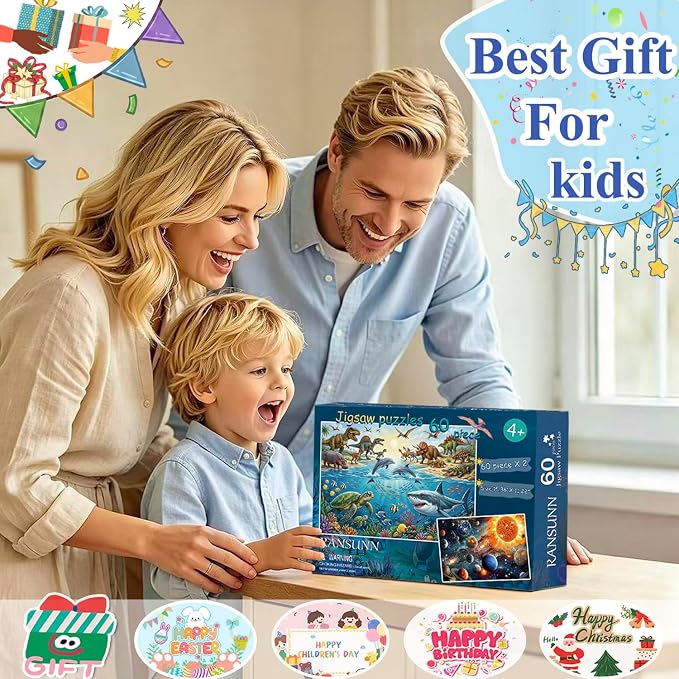 Puzzles for Kids Ages 4-6 6-8, 60 Piece Puzzles for Kids, Jigsaw Puzzles Toddler Learning Educational Toy Set - Ocean, Dinosaur & Space, Kids Puzzles Ages 5-8 Toys Gifts for Boys Girls(2 Packs)