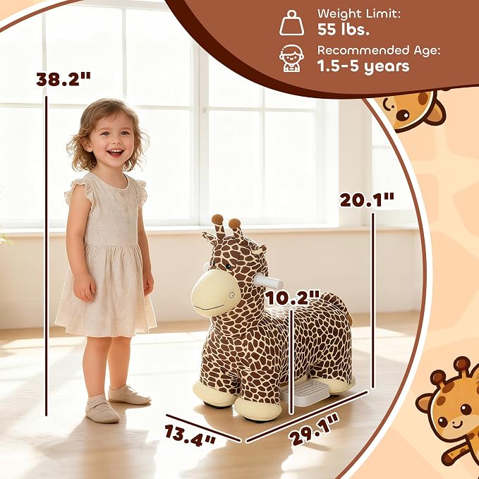 Qaba 6V Kids Ride On Horse, Battery Powered Ride on Toy, Giraffe Shaped Electric Riding Animal with Washable Plush Cover, Music, PU Wheels, Foot Pedal, Forward, for Girls Boys Aged 1.5-5 Years, Brown