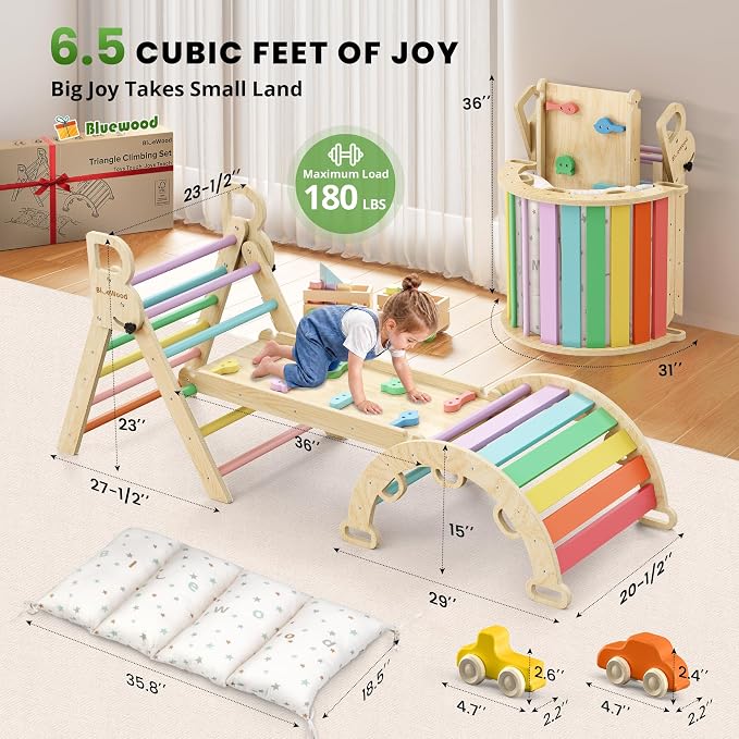 BlueWood Pikler Triangle Set with Cushion - Climbing Toys for Toddlers 9-in-1, Montessori Philosophy Play Jungle Gym with Arch, Ramp, Ladder (Rainbow)