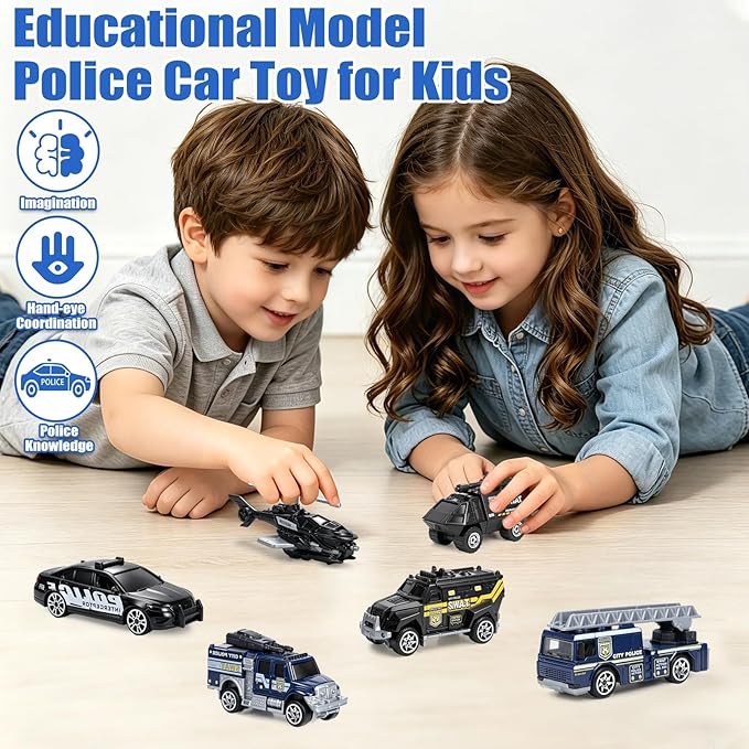 6 Pack Diecast Police Car Toy Set, Mini Alloy Models Police Car Toys for Boys 3-5 6 7, Armored Vehicle, Bulletproof Car, Rescue Truck, Military Helicopter, Armed Car Police Toys Kids Birthday Gift